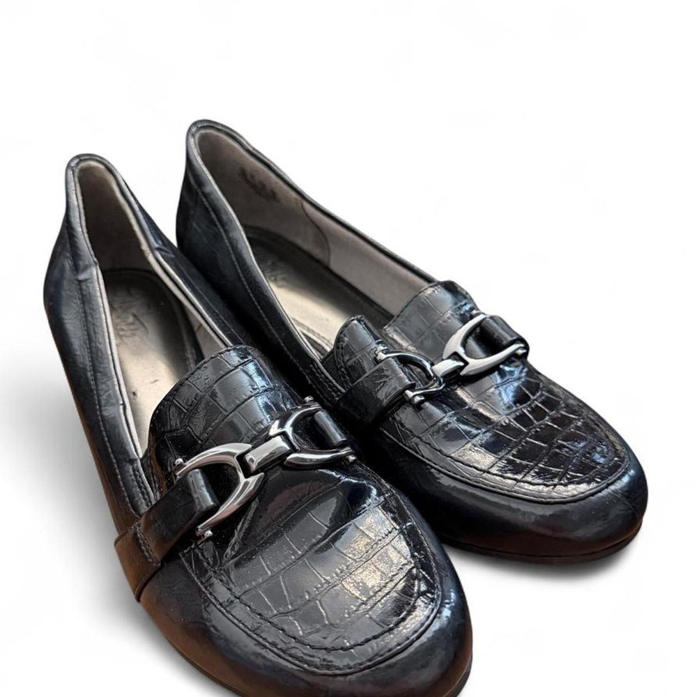 LifeStride Dempsey Black Croc Patent Horsebit Wedge Loafers Shoes 9W